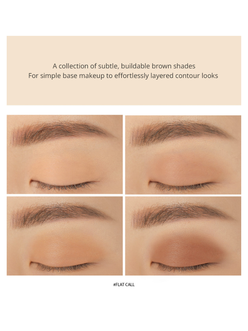 Close-up of four eye makeup looks created with the Flat Call shade from 3CE Mini Multi Eye Color Palette, featuring buildable brown tones for natural to layered contour effects.