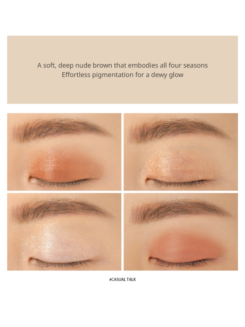Close-up of four eye makeup looks created with Casual Talk shade from 3CE Mini Multi Eye Color Palette, showcasing soft nude brown tones with smooth pigmentation and subtle dewy glow.