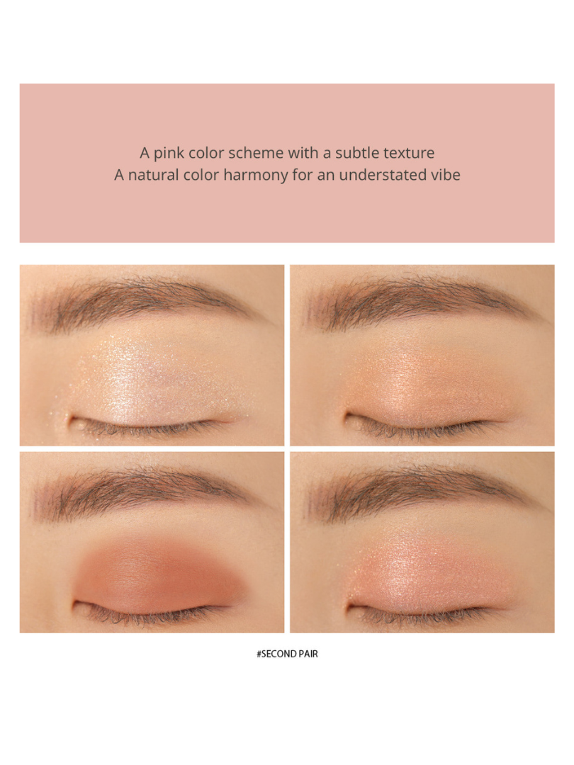 Close-up of four eye makeup looks created with Second Pair shade from 3CE Mini Multi Eye Color Palette, featuring a pink color scheme for natural harmony.