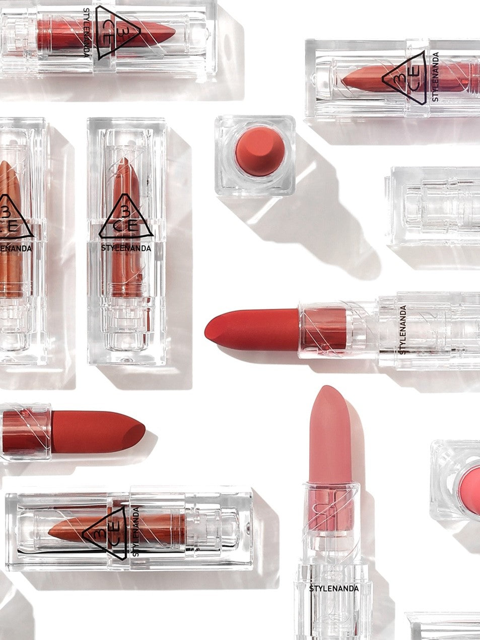 3CE Soft Matte Lipstick collection with sleek, modern packaging and a trendy, fashionable design.