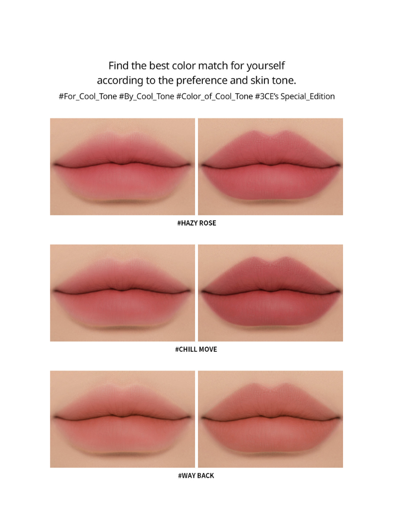 Color chart of 3CE Soft Matte Lipstick featuring the full range of trendy shades for versatile makeup looks.