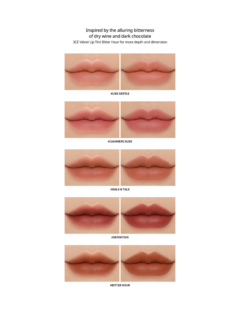 Display of 3CE Velvet Lip Tint shades with labeled swatches including Like Gentle, Cashmere Nude, Walk N Talk, Definition, and Bitten Hour, showing the variety of textures and vibrant colors.