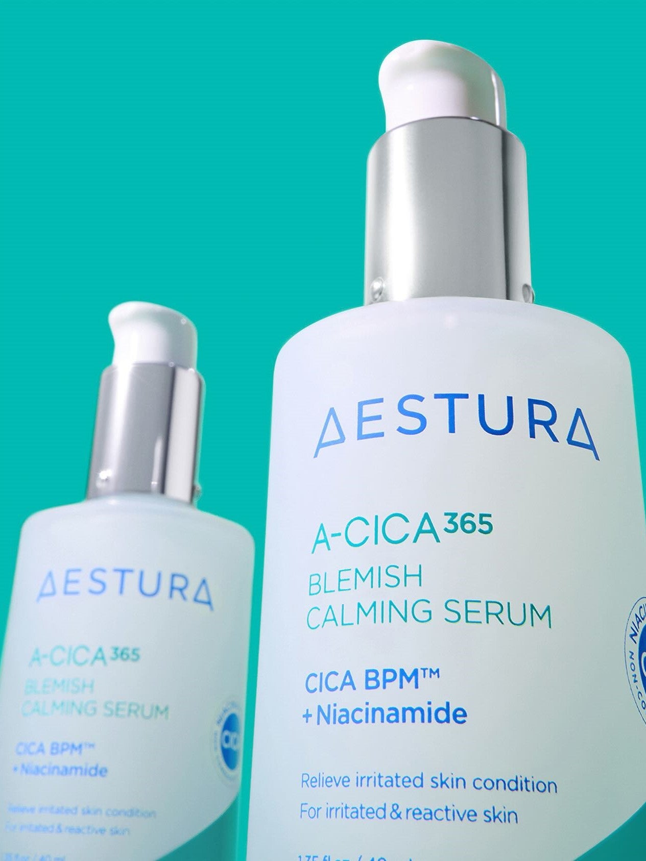 Two bottles of Aestura A-CICA 365 Blemish Calming Serum, highlighting CICA BPM™ and Niacinamide benefits for irritated skin, set against a teal background.