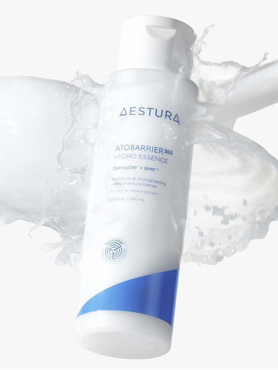 A bottle of Aestura Atobarrier 365 Hydro Essence with its milky texture splashing, highlighting its hydrating and skin-strengthening benefits.
