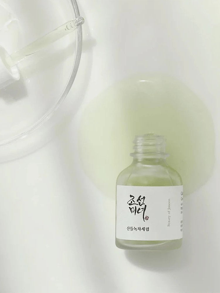 Close-up of Beauty of Joseon Green Tea and Mugwort Calming Serum with pipette, highlighting the texture.