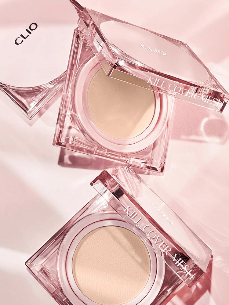 Two translucent CLIO Kill Cover Mesh Glow Cushion compacts displayed on a soft pink background.