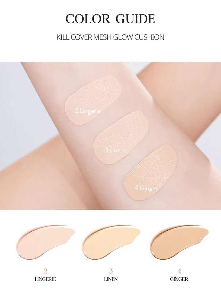 Color guide for CLIO Kill Cover Mesh Glow Cushion with shade swatches 2 Lingerie, 3 Linen, and 4 Ginger on a model’s arm.