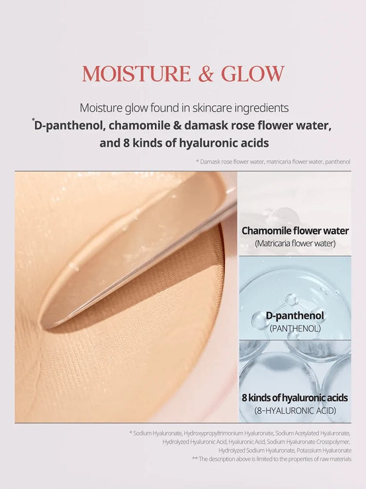 Infographic of CLIO Kill Cover Mesh Glow Cushion showing skincare ingredients: D-Panthenol, Chamomile, Damask Rose Water, and 8 Hyaluronic Acids.