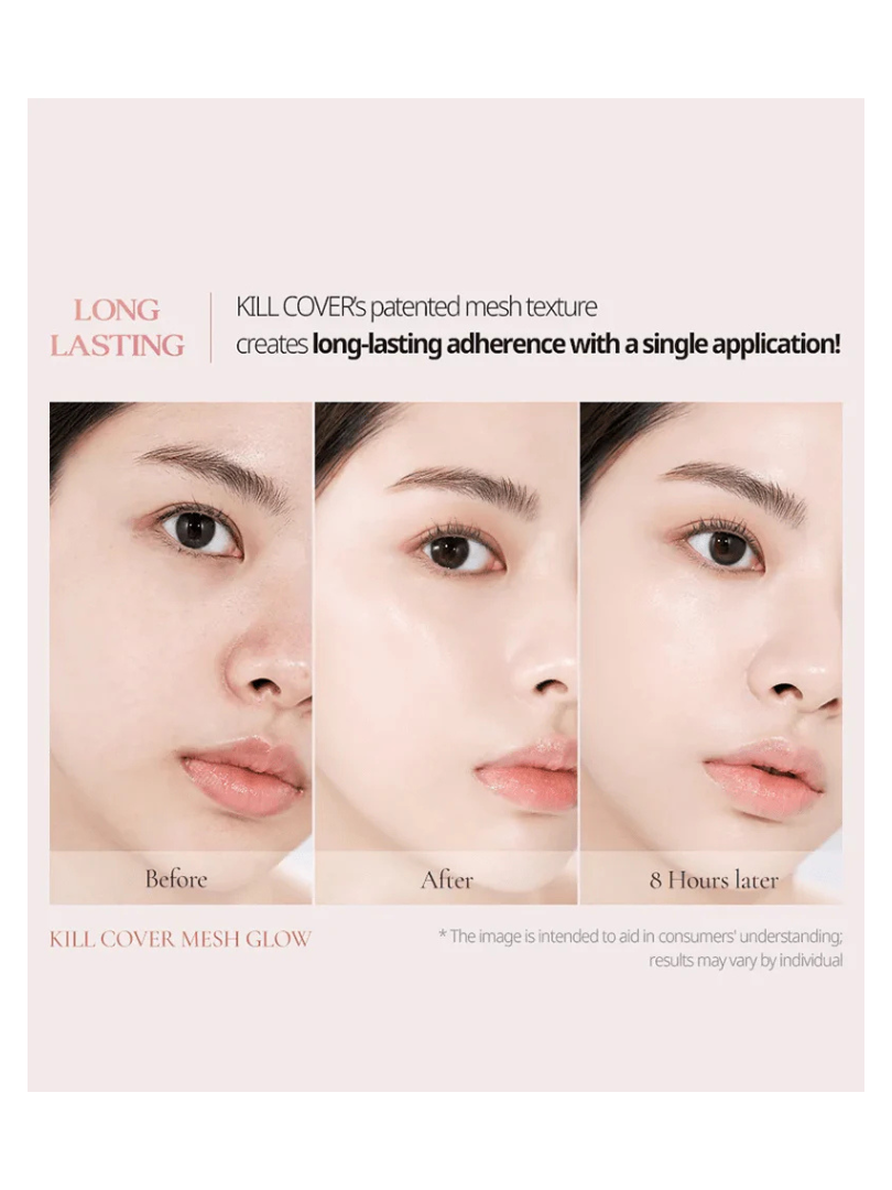 Promotional image of CLIO Kill Cover Mesh Glow Cushion highlighting its patented mesh texture for seamless, long-lasting coverage.