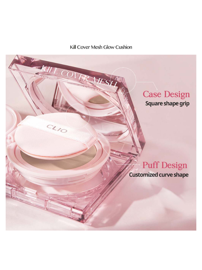 Close-up of CLIO Kill Cover Mesh Glow Cushion compact with square case design and curved puff for precise application.