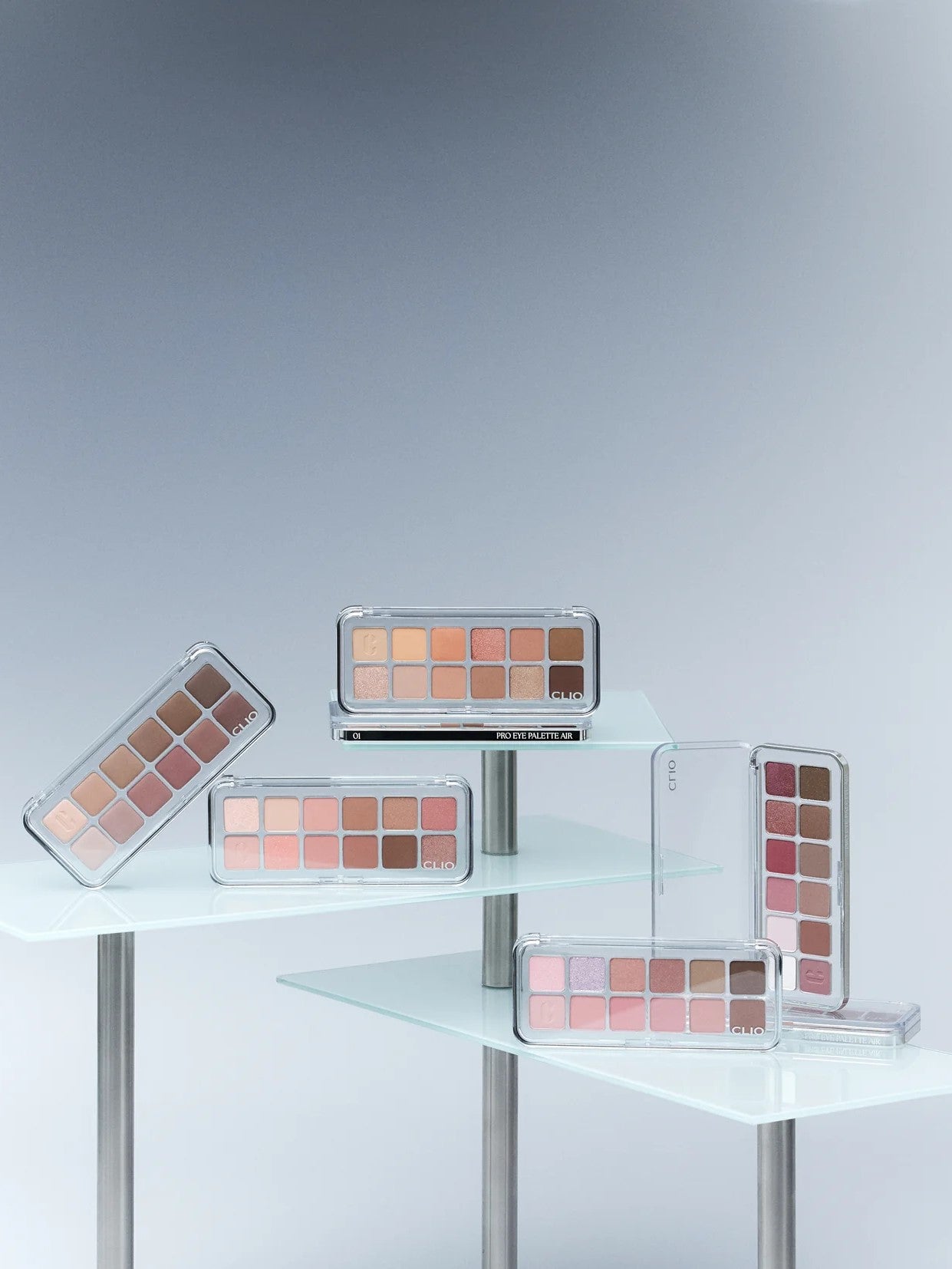 CLIO Pro Eye Palette Air full collection, showcasing all available palettes with 12 versatile shades each in sleek transparent cases.