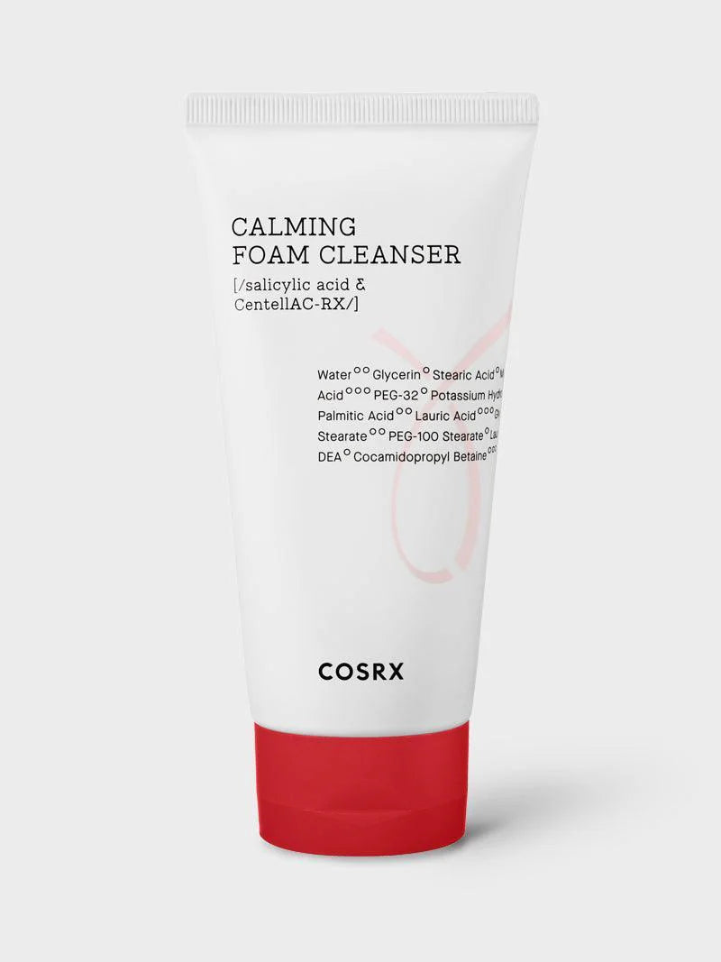 A tube of Cosrx Calming Foam Cleanser with a red cap, labeled with Salicylic Acid and CentellAC-RX to soothe skin.