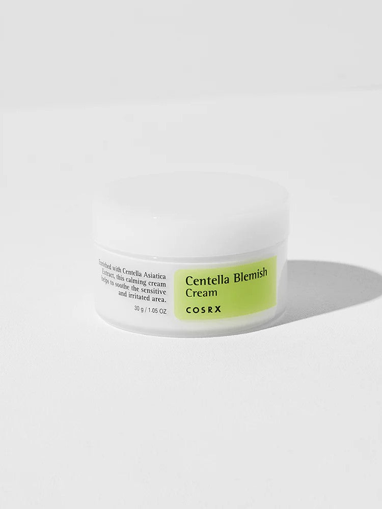 Cosrx Centella Blemish Cream in a white jar with green labeling, formulated to calm sensitive and irritated skin while promoting a healthier complexion.