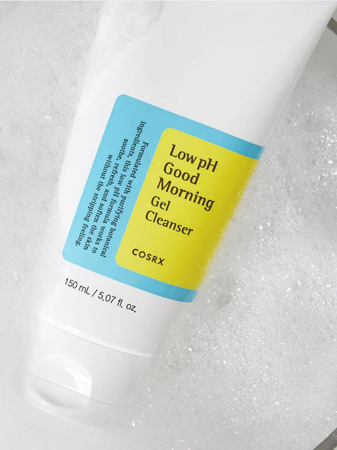 A tube of Cosrx Low pH Good Morning Gel Cleanser partially submerged in bubbles, highlighting its soothing formula and low pH.