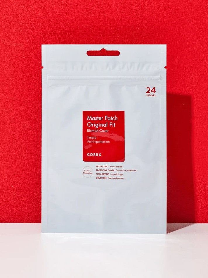White packaging of Cosrx Acne Pimple Master Patch with red accents, featuring key benefits and details for blemish treatment.