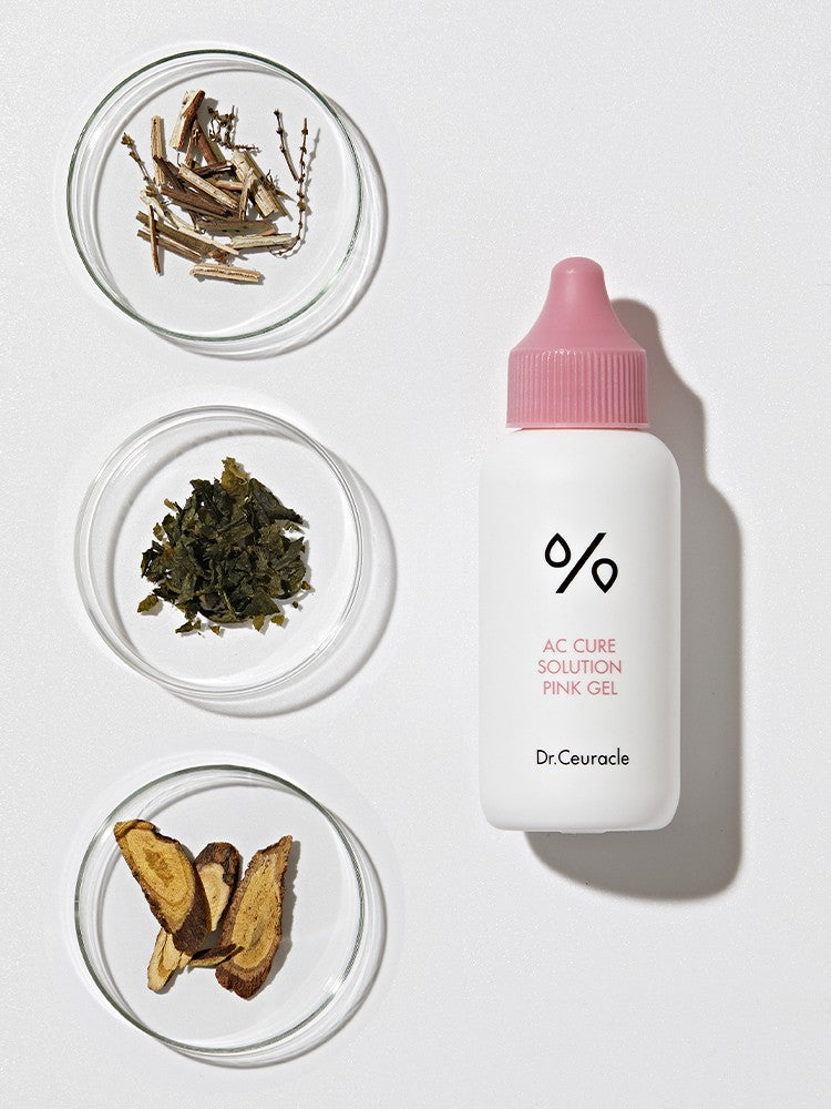 A white bottle of Dr. Ceuracle AC Cure Solution Pink Gel with three glass dishes showcasing key herbal ingredients for soothing and antioxidant benefits.