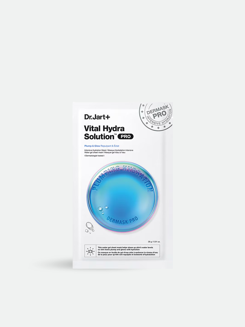 A sachet of Dr. Jart+ Vital Hydra Solution Pro Mask, designed to deliver plumping and hydrating benefits, features a blue circular design and is set against a gray background.
