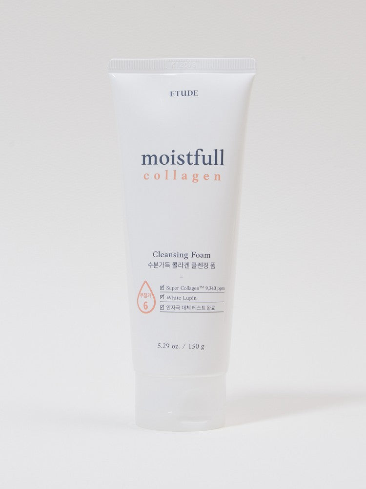 A tube of Etude House Moistfull Collagen Cleansing Foam on a white background, featuring key ingredients listed in Korean and English.