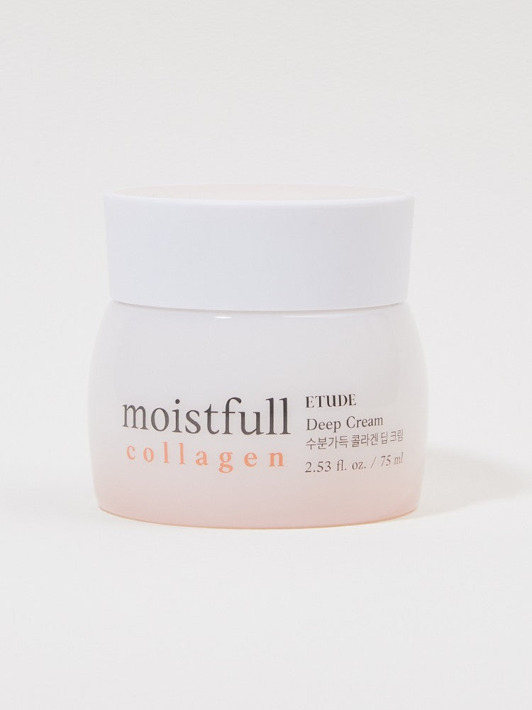 A jar of Etude Moistfull Collagen Deep Cream with a white lid and a soft pink gradient container, labeled with product details.