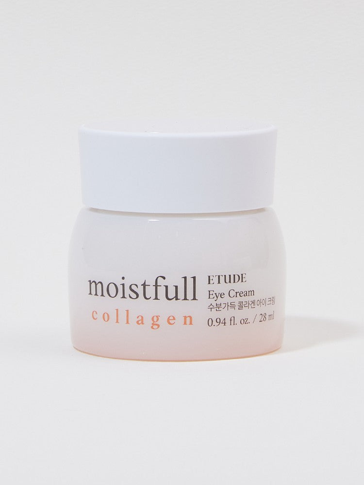 A 28ml jar of Etude House Moistfull Collagen Eye Cream with a simple white lid, labeled in English and Korean, set against a white background.
