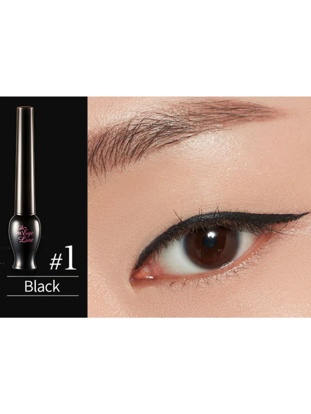 Close-up of an eye wearing bold black eyeliner from the Etude House Oh My Line Collection, featuring a smooth winged tip, with the eyeliner product labeled 'Black #1' displayed nearby.