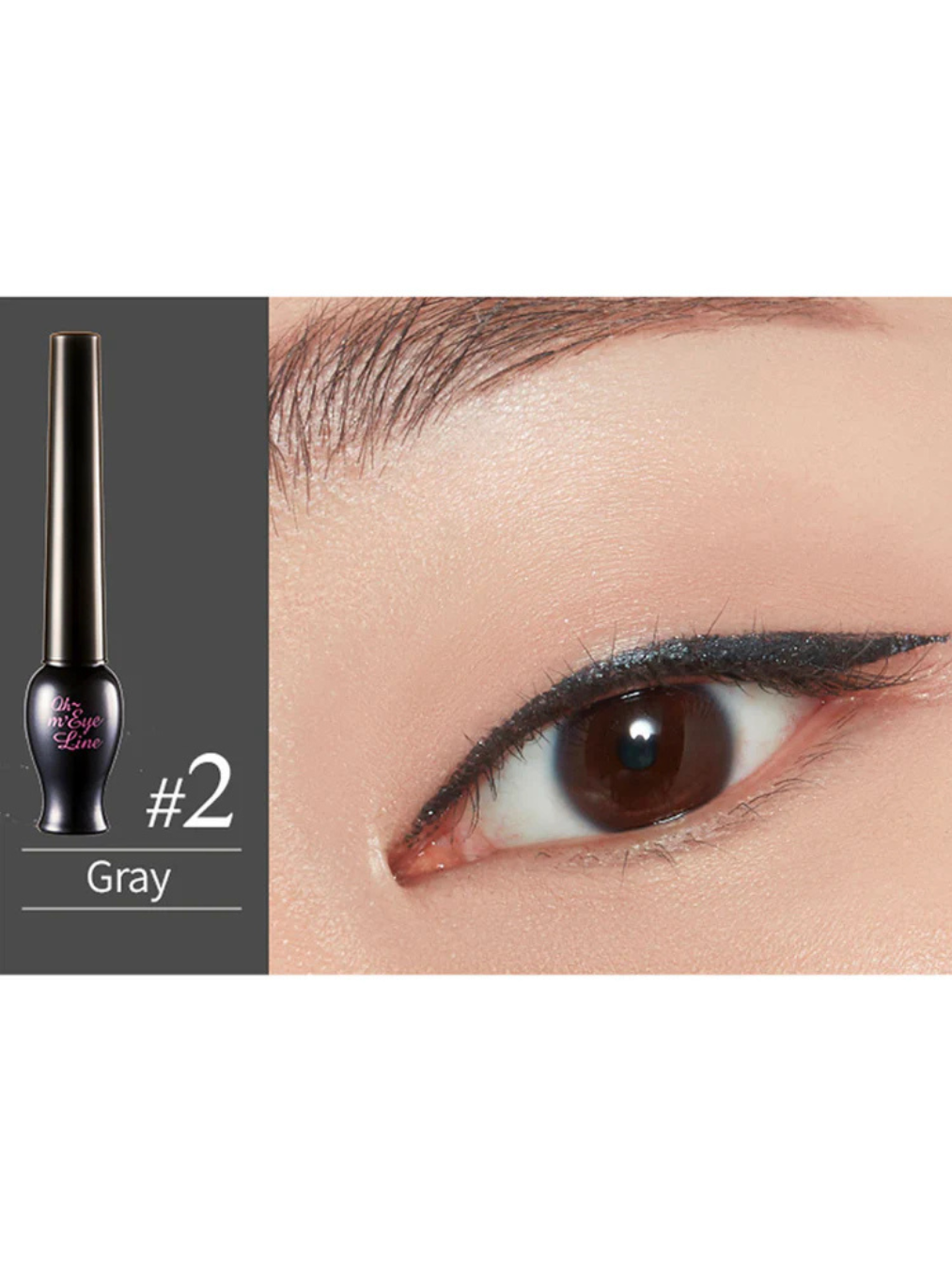 Close-up of an eye wearing sharp gray eyeliner from the Etude House Oh My Line Collection, featuring a smooth winged tip, with the eyeliner product labeled 'Gray #2' displayed nearby.