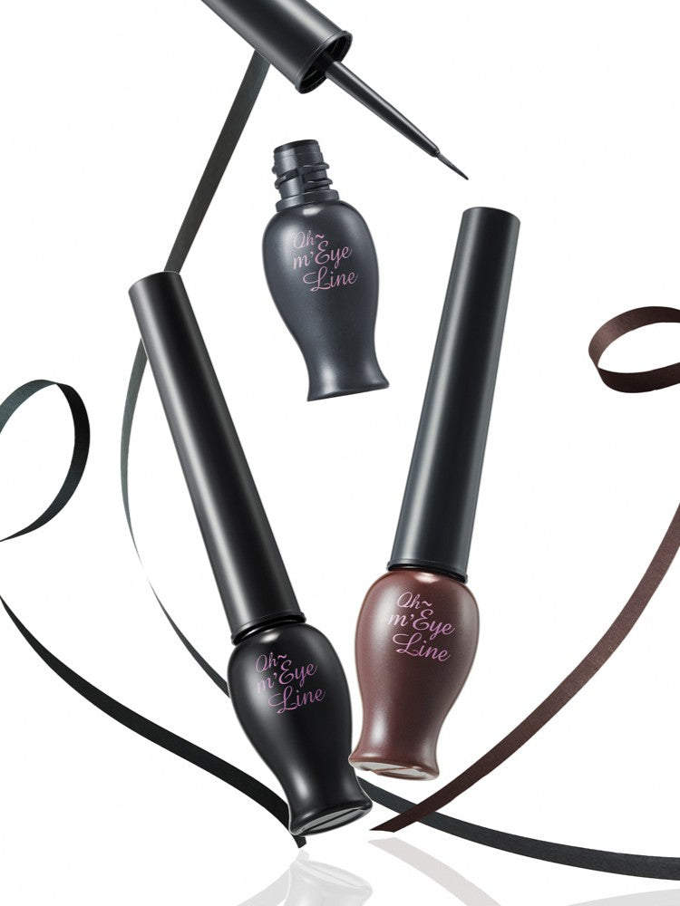 Three bottles of eyeliner from the Etude House Oh My Line collection with sleek black and brown packaging and pink lettering, artistically arranged with flowing black and brown ribbons.