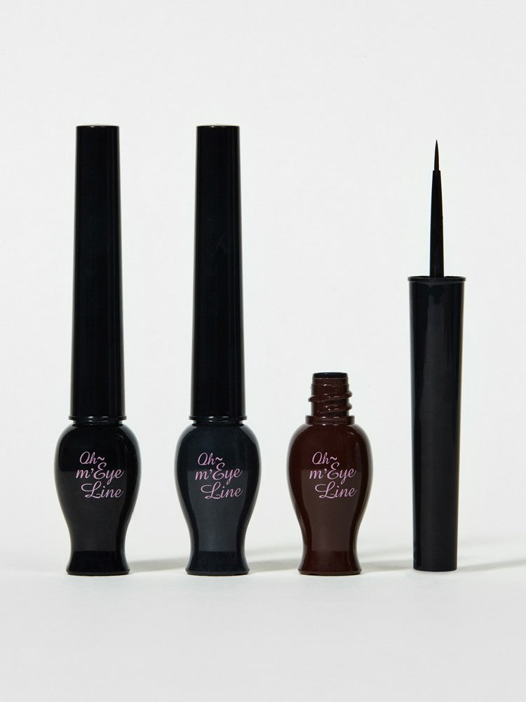 Three bottles of eyeliner from the Etude House Oh My Line collection in black and dark brown shades, displayed on a white background to showcase their sleek designs and logos.