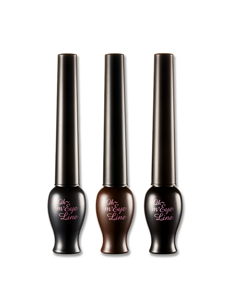 Three eyeliner bottles from the Etude House Oh My Line collection with sleek black and brown designs, featuring the 'Oh My Line' label in pink.