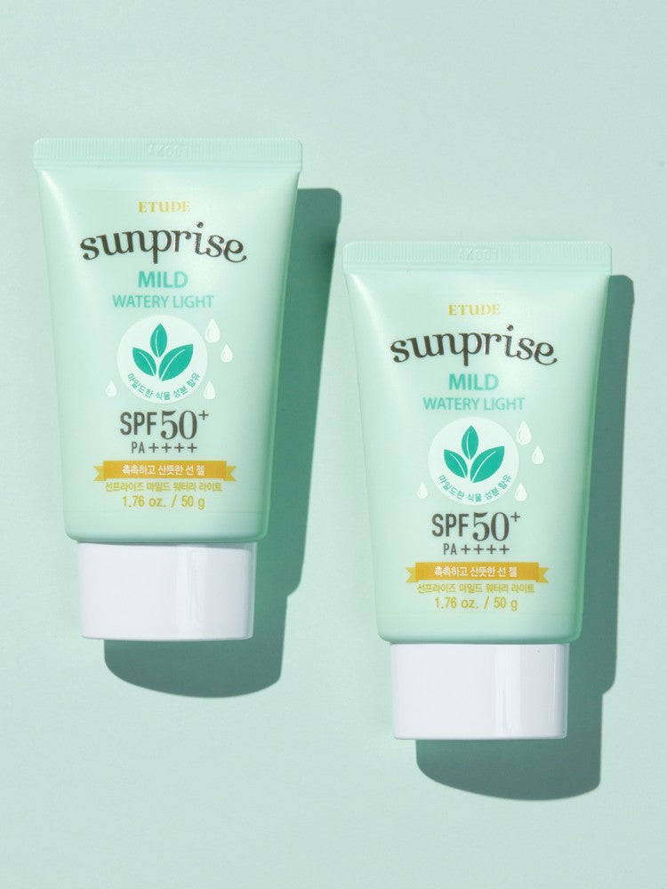 Two tubes of Etude House Sunprise Mild Watery Light Sunscreen SPF 50+ PA++++ displayed against a light green background.