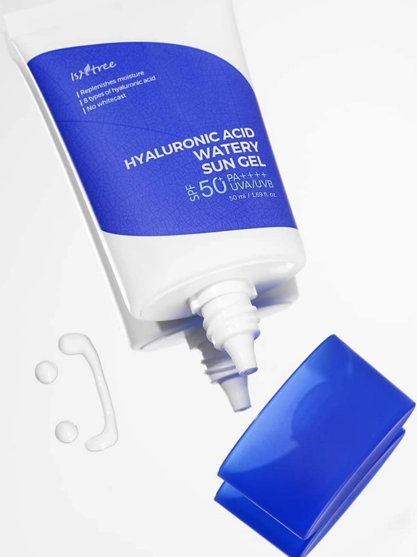 Tube of Isntree Hyaluronic Acid Watery Sun Gel SPF 50 placed next to a small drop of the gel, highlighting its lightweight texture.