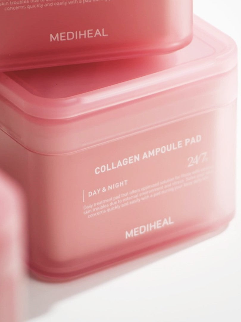 Close-up of a pink jar of Mediheal Collagen Ampoule Pads, labeled for daily use to address skin concerns during day and night.