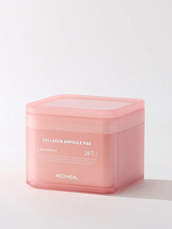 Pink square container of Mediheal Collagen Ampoule Pads, labeled for day and night use, displayed on a minimalistic background to highlight its sleek design.