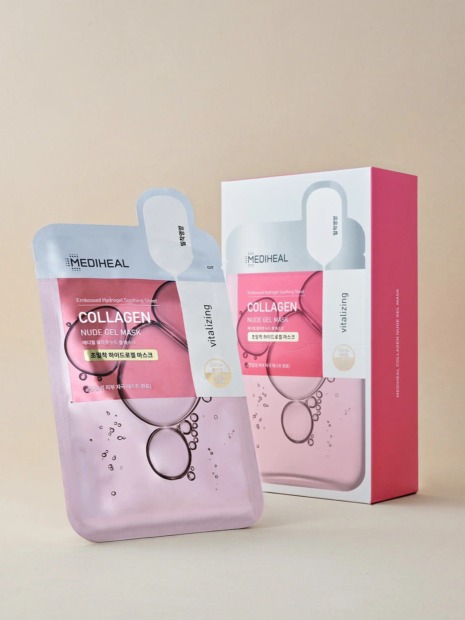 Mediheal Collagen Nude Gel Mask pack with a single mask in front, both featuring a pink design with bubbles on a light beige background.