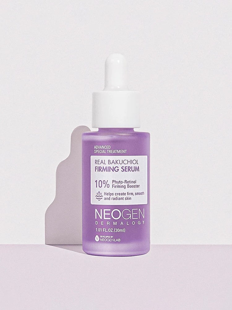 Neogen Dermalogy's Real Bakuchiol Firming Serum in a lavender-hued bottle with a dropper cap, showcasing its firming and anti-aging benefits through detailed labeling.