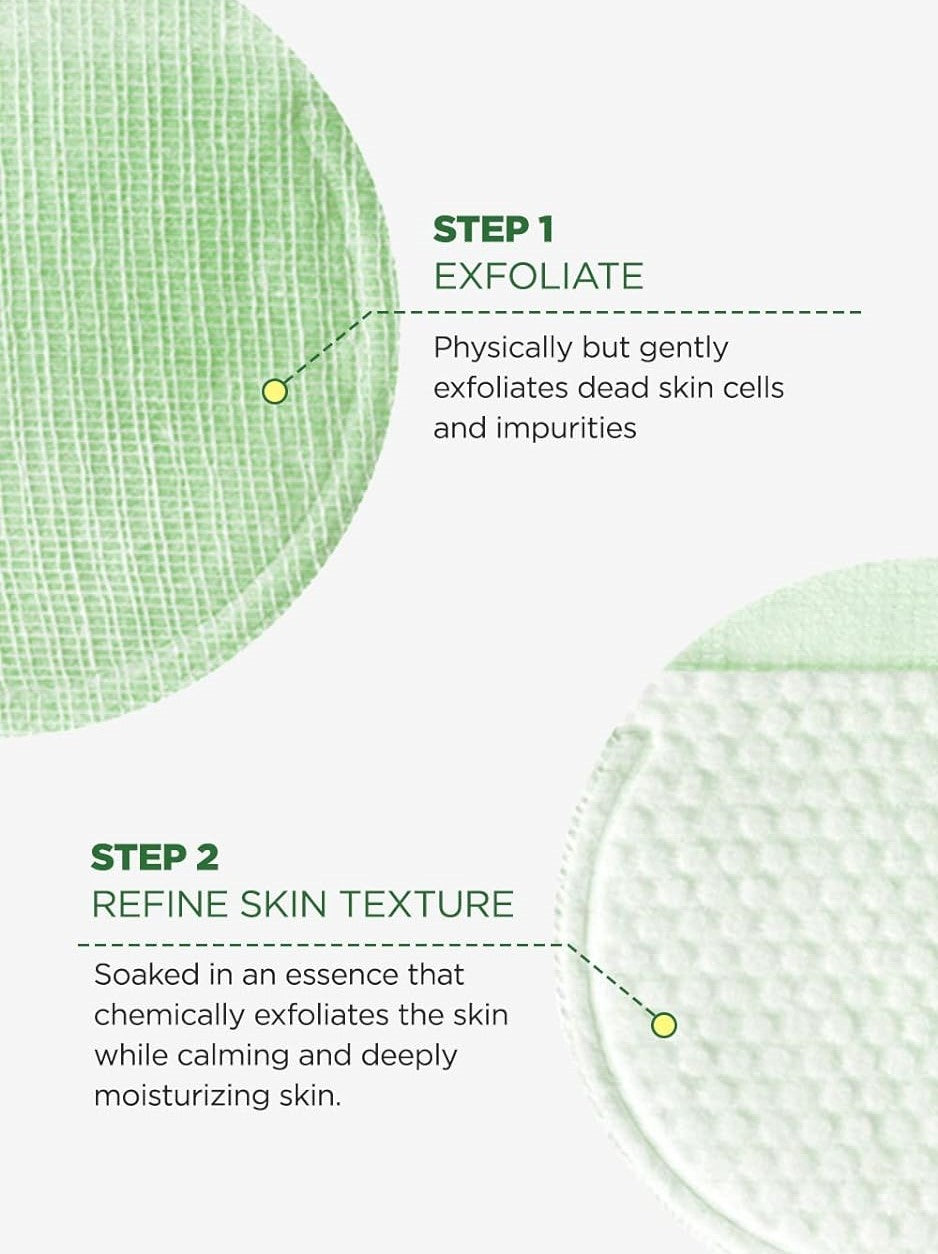 Neogen Dermalogy Green Tea Moist PHA Gauze Peeling Pads feature a dual-sided design: one side gently exfoliates dead skin cells, while the other refines skin texture with a moisturizing essence for smooth, hydrated skin.