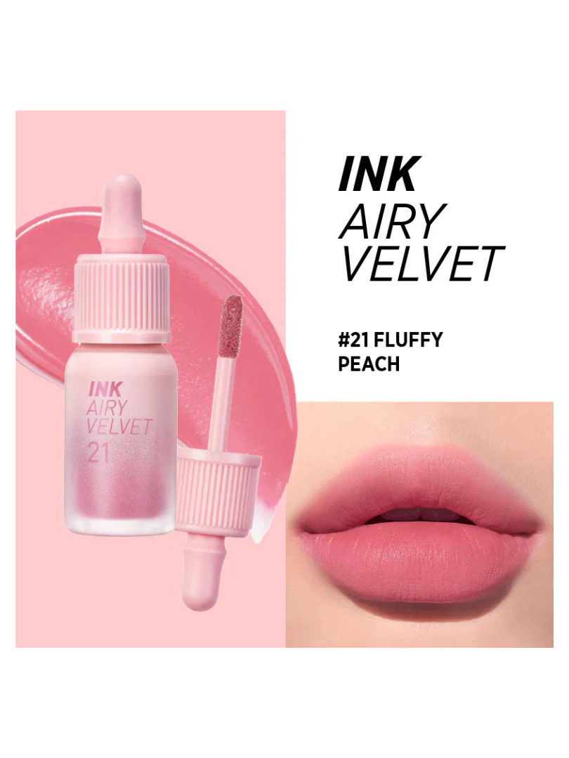 Bottle of INK Airy Velvet lip color in #21 Fluffy Peach beside a swatch and a close-up of a peach-toned matte lip look