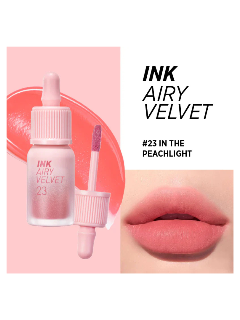 Bottle of INK Airy Velvet lip color in #23 In The Peachlight beside a swatch and a close-up of a peach-toned matte lip look