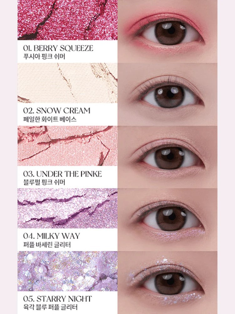 Five eye makeup looks created using shades from the Romand Better Than Palette Energetic Series in the 'Berry Fuchsia Garden' colorway, featuring Berry Squeeze, Snow Cream, Under the Pinke, Milky Way, and Starry Night.