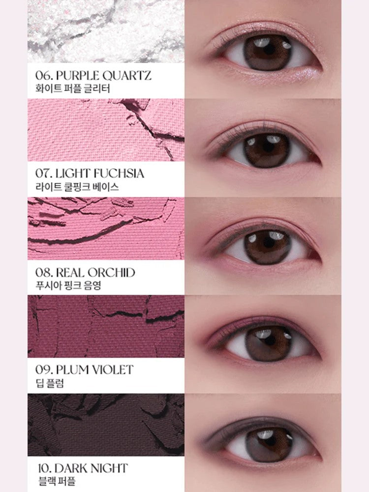 Five eye makeup looks using the Romand Better Than Palette Energetic Series in 'Berry Fuchsia Garden,' featuring shades Purple Quartz, Light Fuchsia, Real Orchid, Plum Violet, and Dark Night.
