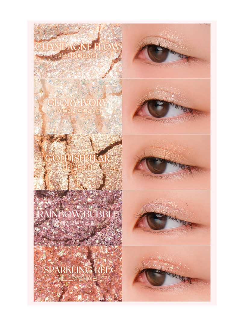 Swatches of five glittery eyeshadow shades from Romand Better Than Palette Light and Glitter Garden, shown on eyelids and as color blocks, featuring Champagne Flow, Glory Ivory, Goldish Tear, Rainbow Bubble, and Sparkling Red.