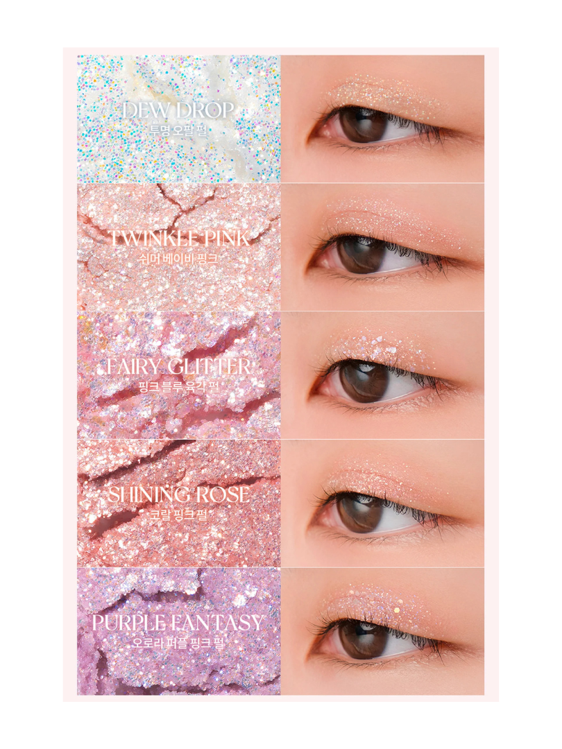 Swatches of five glittery eyeshadow shades from Romand Better Than Palette Light and Glitter Garden, featuring Dew Drop, Twinkle Pink, Fairy Glitter, Shining Rose, and Purple Fantasy.