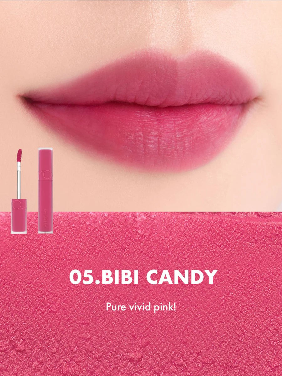 Close-up of lips wearing Romand Blur Fudge Tint in the shade Bibi Candy.