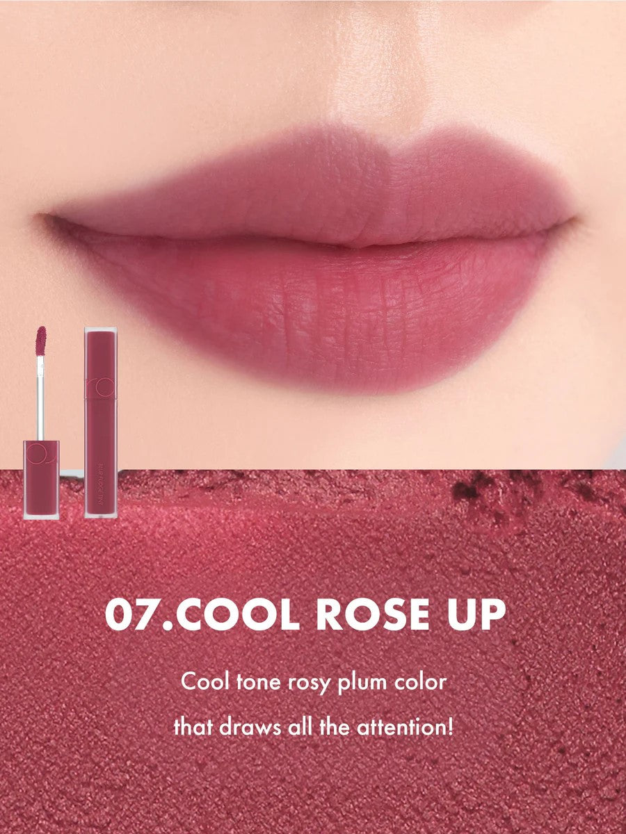 Close-up of lips wearing Romand Blur Fudge Tint in the shade Cool Rose Up.