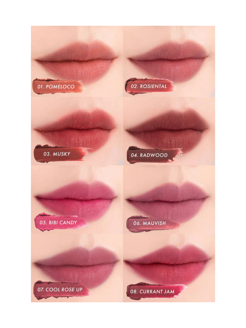 Lip swatches of Romand Blur Fudge Tint shades 01 to 08, featuring Pomeloco, Rosiental, Musky, Radwood, Bibi Candy, Mauvish, Cool Rose Up, and Currant Jam.
