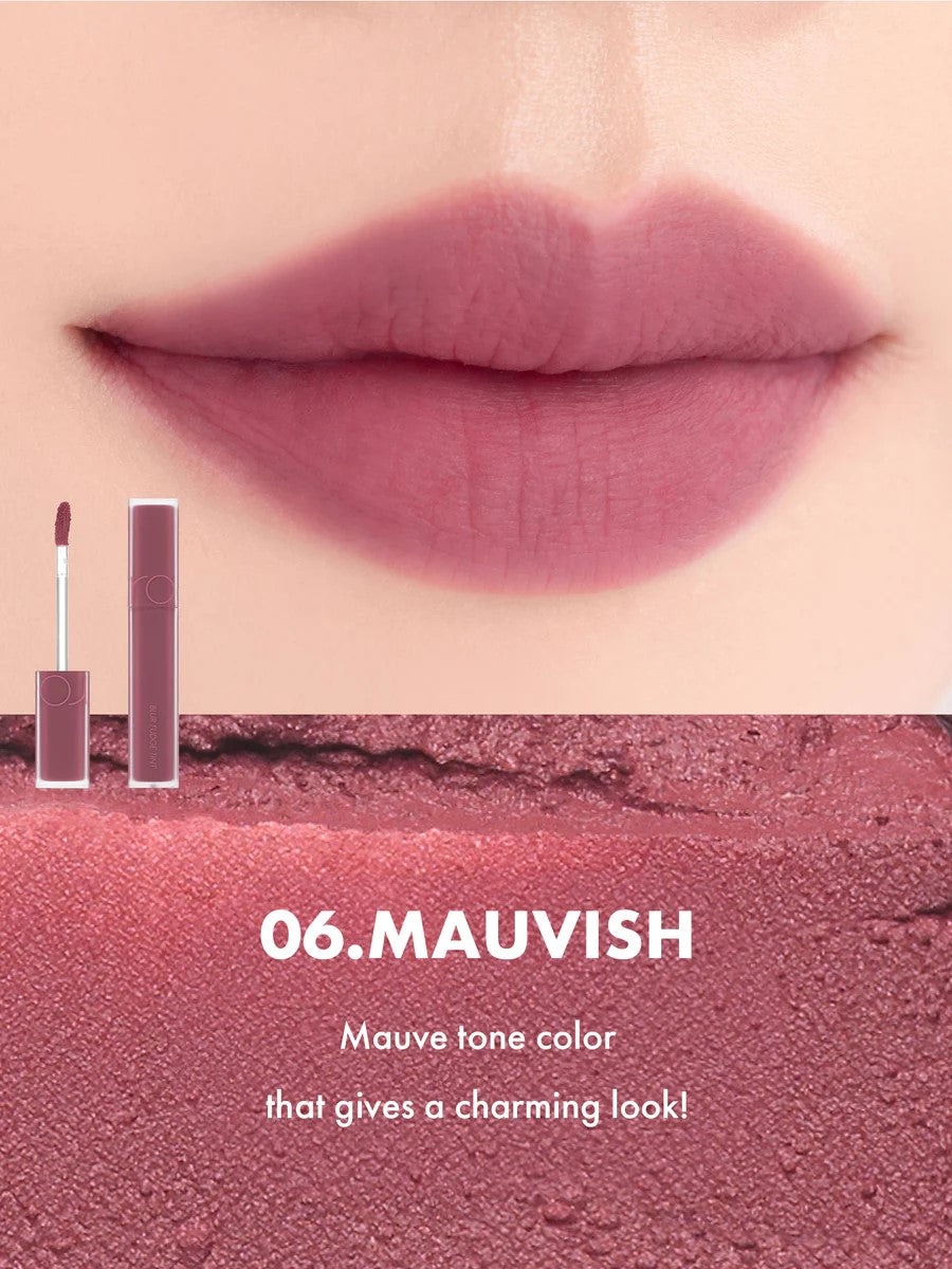 Close-up of lips wearing Romand Blur Fudge Tint in the shade Mauvish.