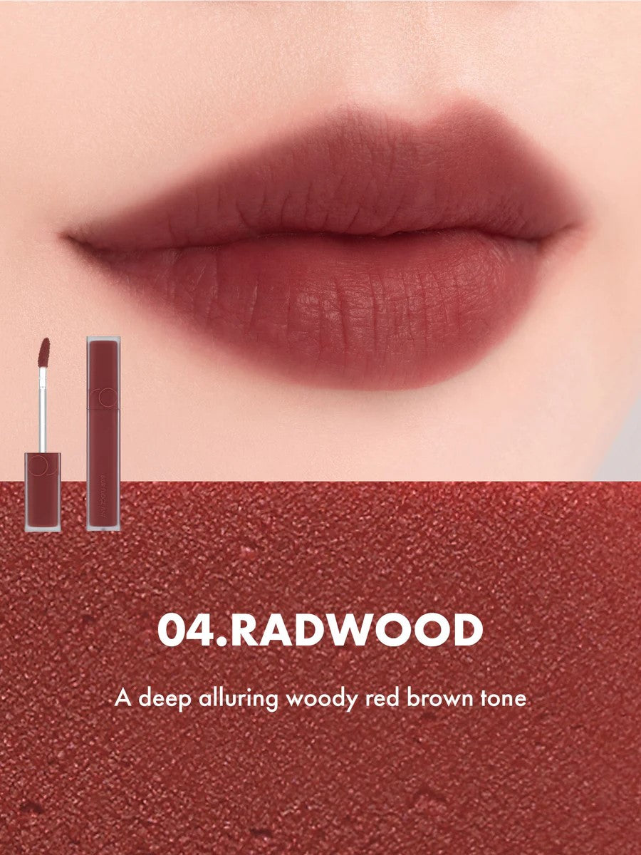Close-up of lips wearing Romand Blur Fudge Tint in the shade Radwood.