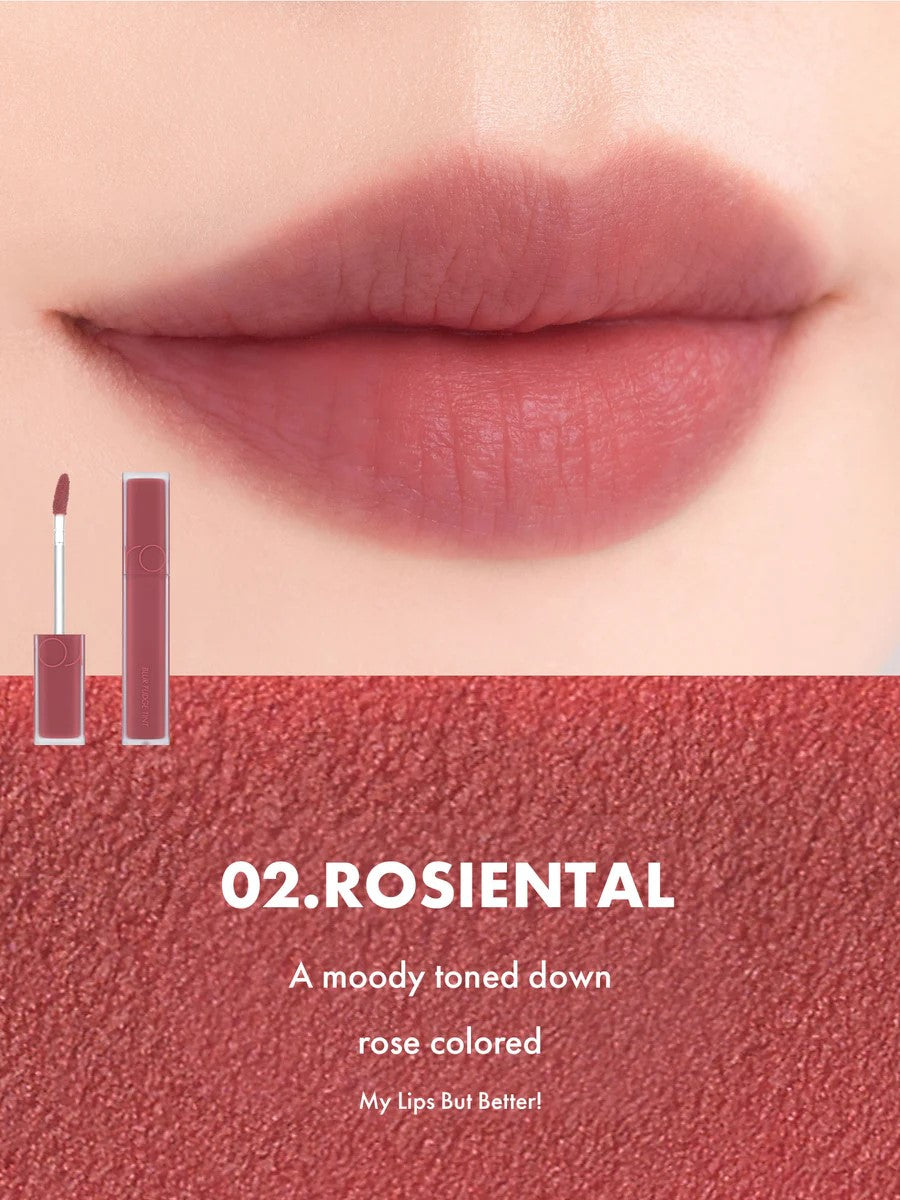 Close-up of lips wearing Romand Blur Fudge Tint in the shade Rosiental.