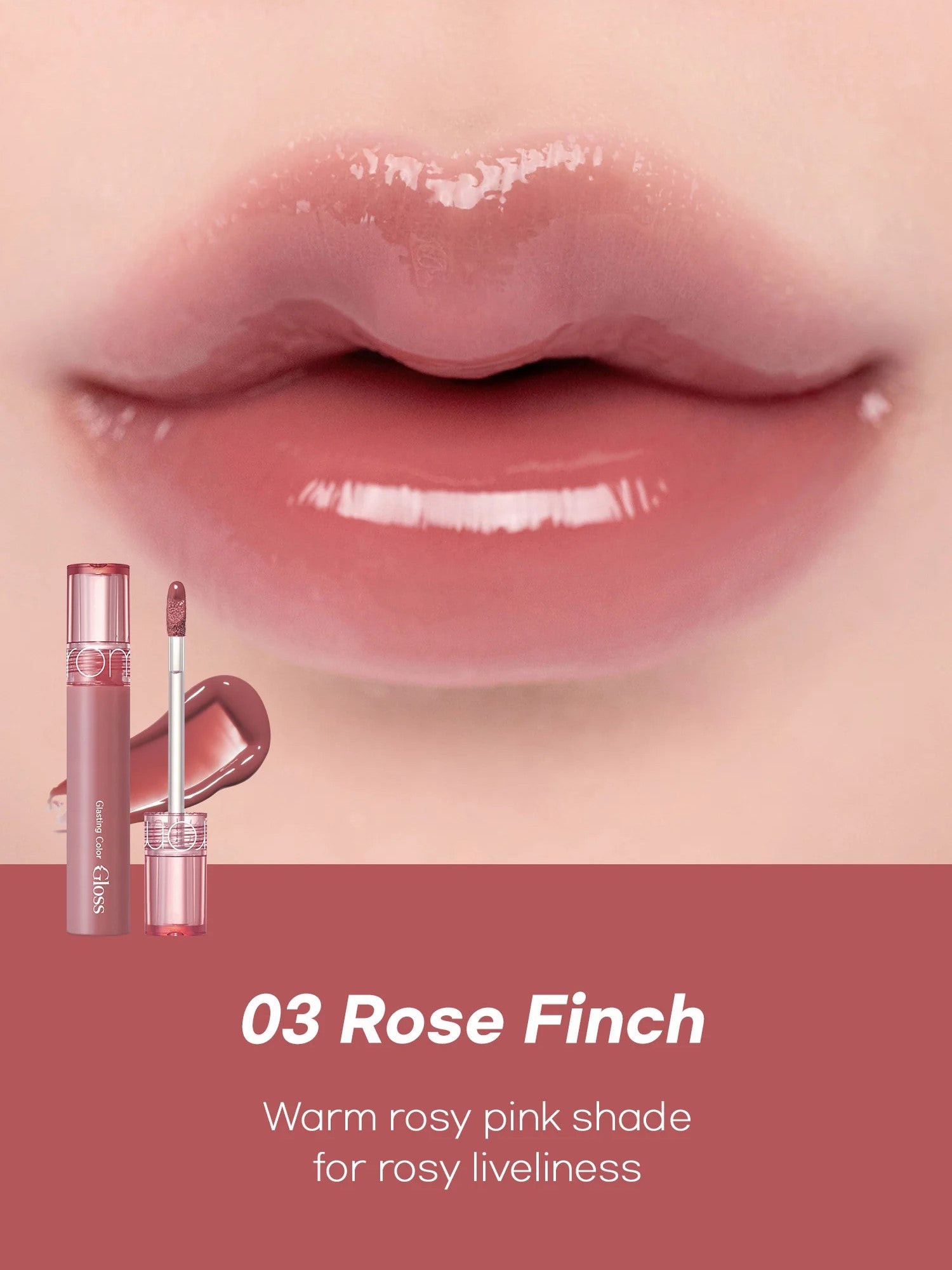 Close-up of soft, glossy lips wearing Romand Glasting Color Gloss in Rose Finch, showcasing the shiny finish when applied.