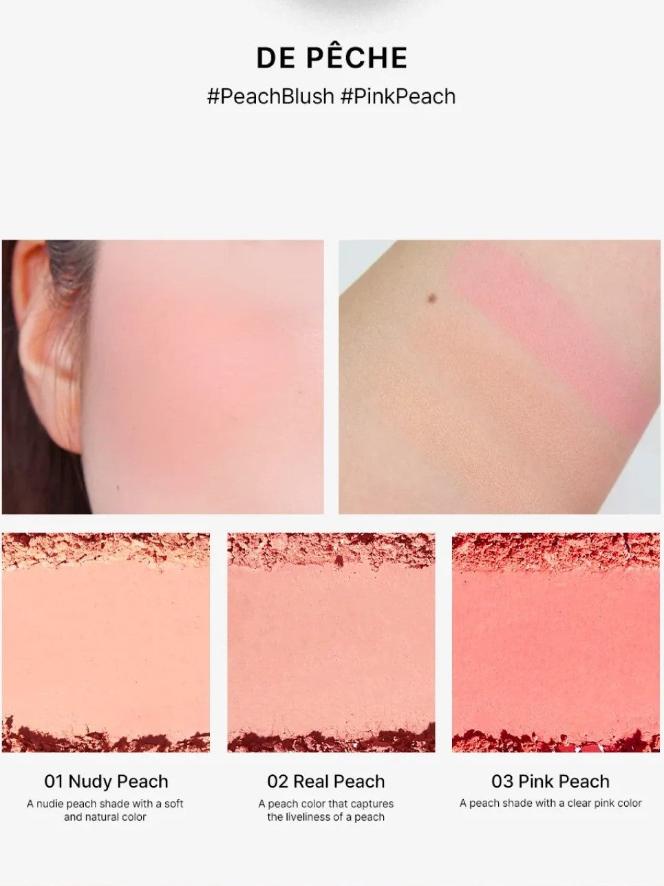 Three peach blush shades from Too Cool for School Artclass By Rodin De Peche collection: Nudie Peach, Real Peach, and Pink Peach, shown with swatches on skin for color comparison.